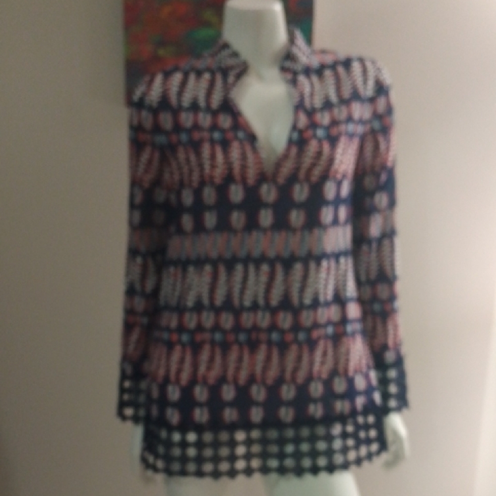 ! A5 Tory Burch 4 Sheer Leaf Pattern Tunic With Lace Edging